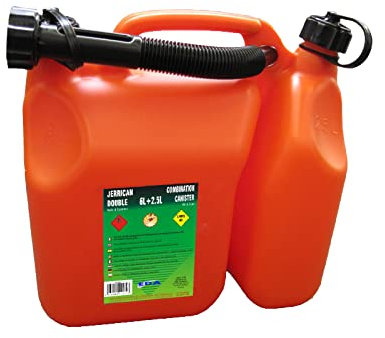 EDA - Jerrican Double Compartiment - 6 L pour Essence + 2,5 L pour Huile - avec Bec Verseur Rigide - Homologué Carburant - 31,8 x 16,7 x 31,4 cm - Orange