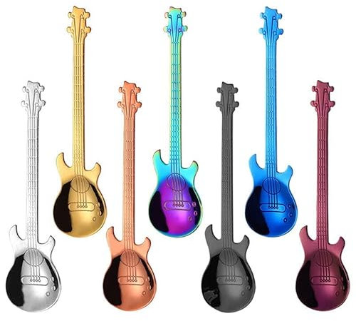 Cuillère à thé 7pcs cuillères en forme de guitare, en acier inoxydable créatif en remuant sucre dessert café cuillère à café coloré chaud boire cuisine vaisselle cuillères à café little surprise