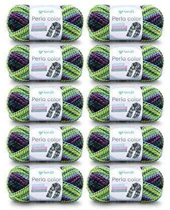 Gründl Wolle Perla color (wollähnliches Handstrickgarn aus 100% Polyester, 100 g / 90 m, Nadelstärke: 8-9, 10 x 100 g), maigrün-blau-violett-grün