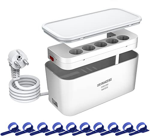 Kabelbox mit Steckdosenleiste Überspannungsschutz, 5Fach Mehrfachsteckdose mit 3USB, Kabel Organizer Box Steckdosenadapter mit 2M Kabel und 10 Stück Kabelbinder, 29.5 * 14 * 14CM, Weiß