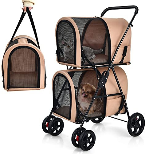 GYMAX Klappbarer Hundewagen, Hundebuggy mit 2 abnehmbaren Taschen, Hundebuggy mit Vorder- & Hintertüren, Haustierwagen mit Netzgewebe & Rädern mit Bremsen, Hundebox für Hunde & Katzen (Beige)