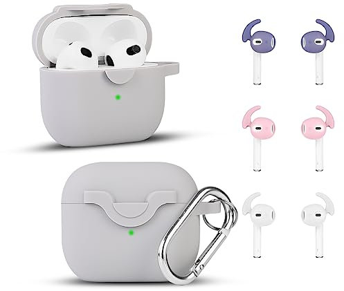 XMBYGY Case for Airpods 3rd Generation(2022) with Secure Lock, Keychain and 3 Pairs Ear Hooks Covers, Silicone Case Full-Body Shockproof Protective Cover for Airpods 3 Earbuds (Gray)