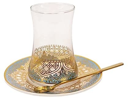 KAYLRE Glas Türkische Tee Gläser Cups Set Saucer mit Löffel Kaffeetasse Romantische exotische Teetasse Blaue Gold Küche Dekoration Trinken Teekanne Glas
