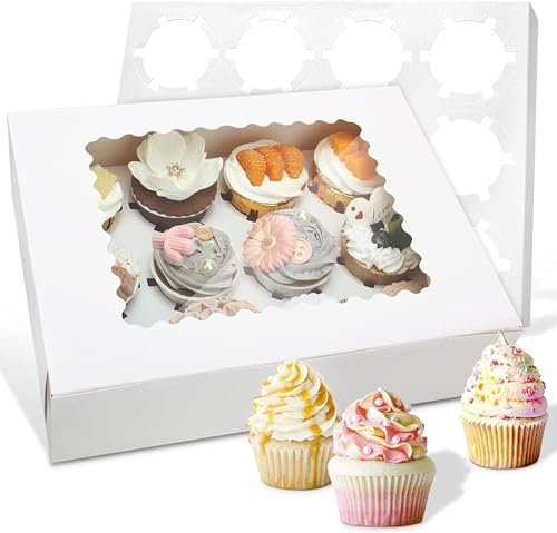 Sivaopa 12 Set Cupcake Boxes - Hold 12 Standard Cupcakes, Muffins and Pastries - Food Grade Bakery Carrier Boxes with Windows and Inserts