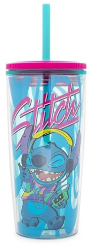 Disney Lilo & Stitch Jamming Kunststoffbecher mit auslaufsicherem Deckel und wiederverwendbarem Strohhalm, doppelwandiger Reisebecher für Getränke, fasst 590 ml
