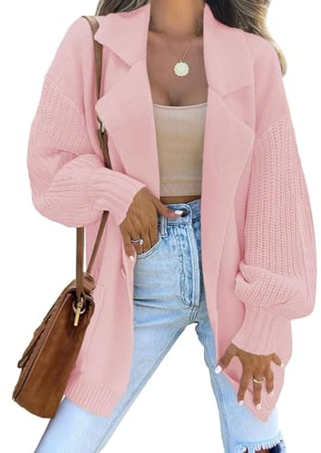 shownicer Cardigan Donna Lungo Cardigan a Maniche Lunghe Elegante Casual Aperta Davanti A Maglia Autunno Inverno Morbido Oversize Button Sweater Tops con Tasche A Rosa S