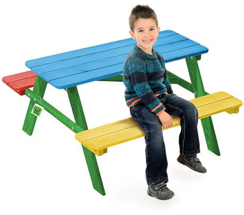 KADAX Kinder-Picknicktisch mit Bänken, Kindermöbel für Picknick, Kindertisch aus Holz, Picknick-Set für Garten, Kindersitzgarnitur aus Holz, Kindersitzgruppe (Bunte)
