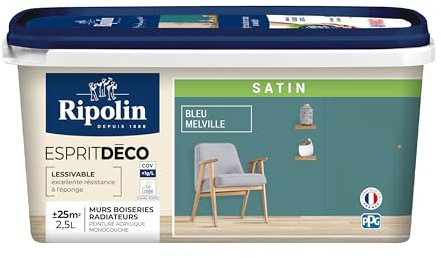RIPOLIN - Peinture Intérieure Multi-Supports – Murs, Boiseries & Radiateurs – Ultra-Couvrante – Lessivable – Application Facile – Ecolabel - Satin - 2,5L - Bleu Melville