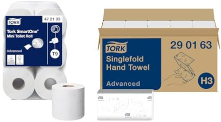 Tork SmartOne Mini Toilet Roll White T9, Advanced, 2-Ply, 12 x 620 Sheets, 472193 & Singlefold Paper Hand Towels 290163 - H3 Advanced Folded Paper Towels