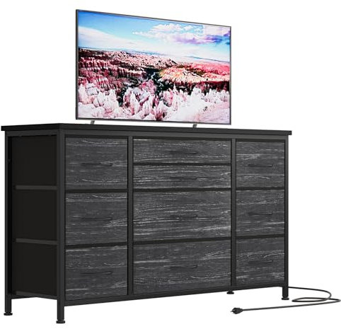 Jojoka Wide Dresser with 10 Large Drawers for 55'' Long TV Stand with Power Outlet Entertainment Center, Storage Fabric Drawer Unit for Bedroom, Living Room, Closet, Entryway,