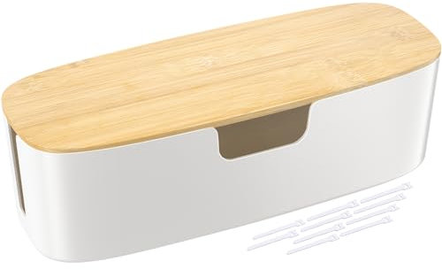 Large Cable Management Box - Cord Organize Box with Bamboo lid for Safe Home & Office, Cord Hider for Power Strip Under Desk, Cover TV Wires, Child & Pet Proof Cord Box, White