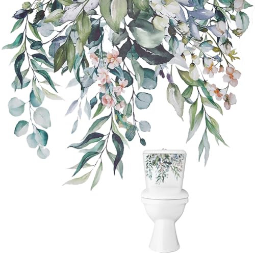 GORGECRAFT 2 Sheet Green Plant Leaves Flowers Toilet Seat Lid Stickers Decal Self Adhesive Removable Bathroom Floral Wall Sticker Waterproof Toilet Cover Decorative Sticker for Bathroom Cistern Decor