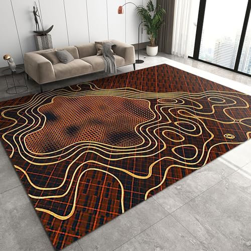 Braun-rote Teppiche mit kariertem Muster, luxuriöser golden geschwungener Linien-Wellen-Wohnzimmerteppich, 3D-Teppich flauschiger Plüsch weich rutschfest auf das Badezimmer Foyer des Hauses auftragen