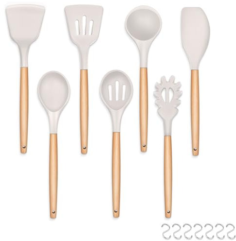 HaWare Kitchen Utensils Set, 7 Pcs Silicone Cooking Utensils Includes Spatula/Ladle/Slotted Turner/Serving Spoon/Pasta Server, Wooden Handle for Heat Resistant, Non-Stick Cookware Friendly - Khaki