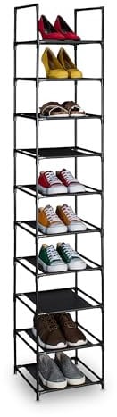 Relaxdays Schuhregal, 10 Ebenen, HBT: 175x33x33 cm, Metall Schuhablage, Stoff Ablage, schmal, Schuhgestell, schwarz/grau