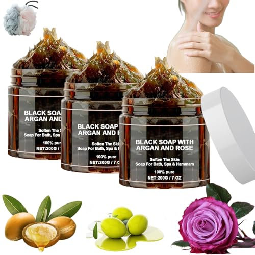 Morocco Black Beldi Savon, savon noir du Maroc Beldi, savon noir à l'argan et à la rose, savon exfoliant africain, barre de savon noir africain pour soins du corps (3 pièces)