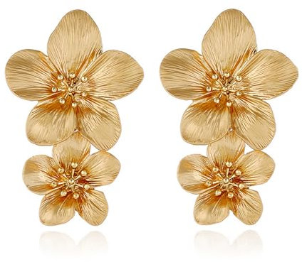Double Flower Gold Statement Earrings,Hypoallergenic Gold Floral Earrings,Bohemian Style Double-layer Long Alloy Earrings(Gold)