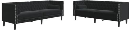 vidaXL Chesterfield Sofa Set mit Nackenrollen 2-TLG., Sofagarnitur mit Kissen, Sitzgruppe für Wohnzimmer, Polstersofa Couch Sessel, Schwarz Samt