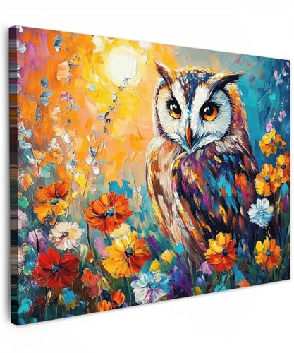 MuchoWow© Bild auf Leinwand Schlafzimmer Bilder Badezimmer Wand Deko | 80x60 cm - Wohnzimmer Modern Wanddeko Bilderwand Geschenk Eule - Blumen - Kunst - Sonnenuntergang