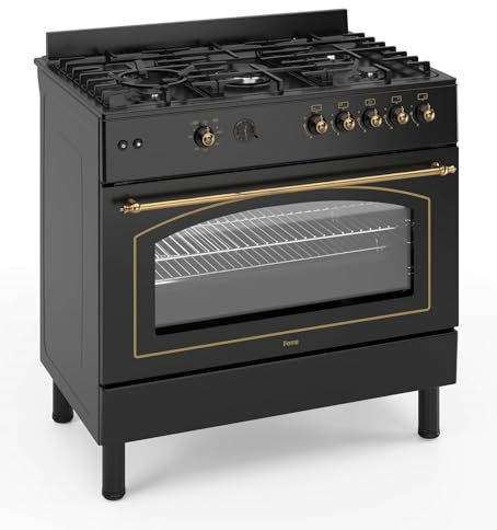 Ferre F9H50GF-BL-RETRO 90cm Gas Range Cooker With Double Turbo Fan & 5 Burner(1 Wok) Gas Hob - Black