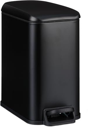 Relaxdays Cubo de Basura Baño 5 litros, Papelera Tapa con Cierre Suave, Acabado Mate, con Pedal, Negro, Hierro, 27 x 14 x 29 cm