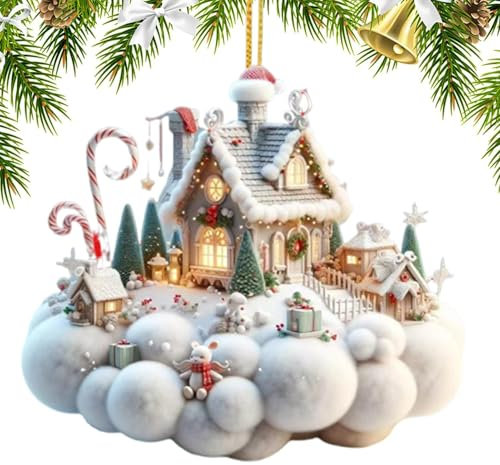 XIAOXIAOYU Haus-Weihnachtsbaumschmuck, Weihnachtshaus-Ornament, Hängeornament für Weihnachten, Weihnachten Schnee Haus Ornament, 2D Acryl Weihnachtsbaum Auto Anhänger für