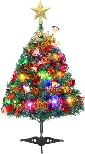 Mini Christmas Tree, 2ft Tabletop Tree with Lights, Hanging Ornaments and Star Topper, Christmas Decoration