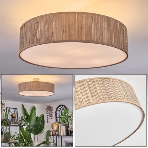 HOFSTEIN Deckenleuchte Foggia, Deckenlampe aus Metall/Binsenstroh/Stoff/Kunststoff in Nickel-matt/Natur/Beige/Weiß, runde Boho Leuchte (Ø 50 cm), E27, Esszimmer, Wohnzimmer, Schlafzimmer, Küche