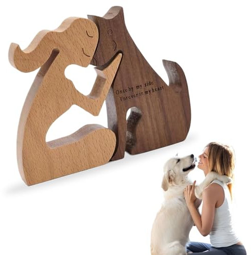 ZEPIQOR Mann Und Hund Holzstatue Holzskulptur Hundefiguren Ornamente, Holzmann Hund Schnittmodell Handgeschnitzter Holz Hund Menschliche Statue Für Männer Frauen Zuhause Regal Dekor Schreibtisch
