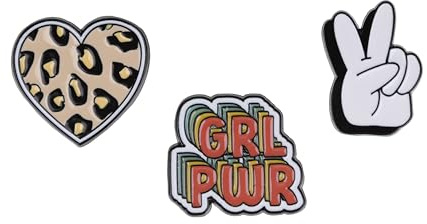 GRL PWR Themed Gift Set Collection Of 3 Pin Badges Including GRL PWR (Girl Power), Leopard Print Heart, V for Victory
