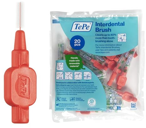 TePe Interdental Brush, Extra Soft, Red, 0.5mm/ISO 2, 20pcs, efficient cleaning between teeth, plaque remover and dental flosser for narrow gaps