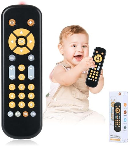 Bambebe Baby TV Remote Control Toy with Music Sound and Soft Light, Toddler Realistic Play TV Remote Toys Early Educational Learning Toy with 3 Language, Musical Baby Sounds Toys 6 12 18 Months(Black)