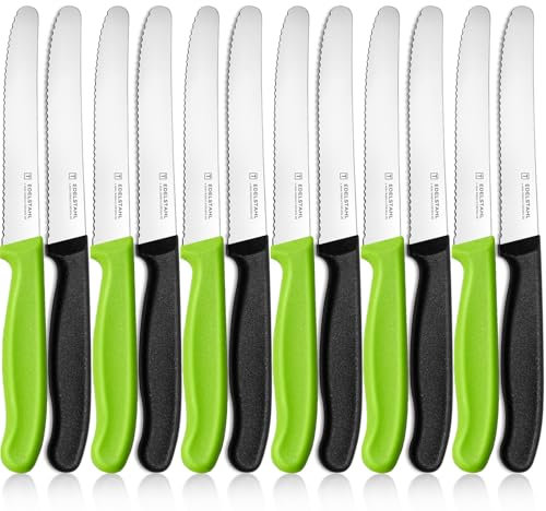 targzier Tafelmesser Set 12 Stück, Edelstahl Messerset,12er Pack Brötchenmesser,Frühstücksmesser mit Wellenschliff,Bunte Tomatenmesser,Scharfe Messer für Brotzeit,22 cm,Schwarz und Grün