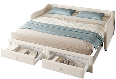xixiworkshop Tagesbett Ausziehbar 90/180x200cm Schlafsofa mit Lattenrost und 2 Schubladen, Daybett Day Bed als Doppelbett Gästebett, aus Leinen, ohne Matratze (Beige)