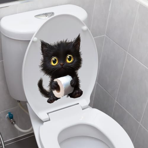 Iprokiu Autocollant mural imperméable pour abattant de toilette avec motif animal amusant de dessin animé, chien, chat, dinosaure, canard, salle de bain (papier chat)