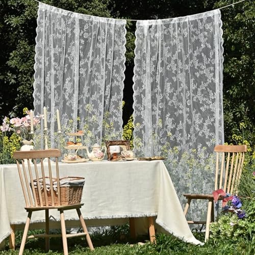 YKAFADE 2 Stück Spitze Vorhang Gardinenschal Blumen Muster Gardinen Transluzente Vintage Romantisch Dekoschal Ösenvorhänge Tüllvorhänge Fensterschal für Wohnzimmer Schlafzimmer -75x200cm(BxL),Weiße