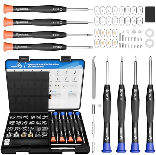 STREBITO Glasses Repair Kit, All-in-One Eyeglass Repair Kit with 16 Sizes of Screws, 12 Pairs of Nose Pads & Tweezer, Precision Screwdriver Set for Glasses, Sunglasses, Watches & Small Electronics