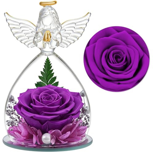 YiHuaHua Ewige Rosen-Engel Figur mit Glasglocke, Geschenk Valentinstag für Frauen, Mama, Freundin, Echte haltbare Rose Hält 3-5 Jahre, Geschenk für Weihnachten Valentinstag Geburtstag (Lila)