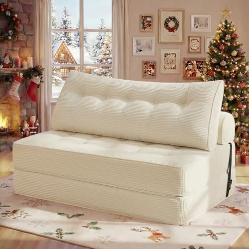 HOMMPA Faltbares Schlafsofa umwandelbarer 3-in-1 Sofa Bett Schlafsessel mit Kissen Sitzsack-Sofa Stuhl Komfortable Schlafcouch Bodensofa-Lounge für Schlafzimmer Wohnzimmer Beige 130CM