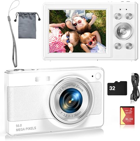 Digital Camera for Kids-1080P 56MP Autofocus Point and Shoot with 16X Zoom | 32GB TF Card, Battery, Flash, Face Detect, Anti Shake, Compact Travel Cameras for Boys Girls Teens Kids Gift（White）