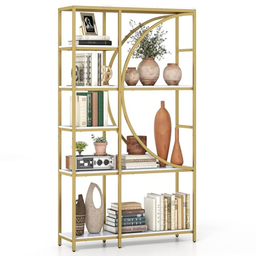 GIANTEX 6-stufiges Bücherregal, Standregal mit Metallrahmen, Raumteiler Regalfür Wohnzimmer, Arbeitszimmer & Büro, 100 x 30 x 177 cm (Gold + Weiß)