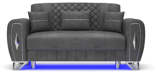 GLAMORA 2 Seater Sofa - Click Back Sofa Bed with Under-Seat Storage | Soft Plush Suede Couch with LED Light, Chrome Metal Legs & Matching Cushions for Living Room (Gray)
