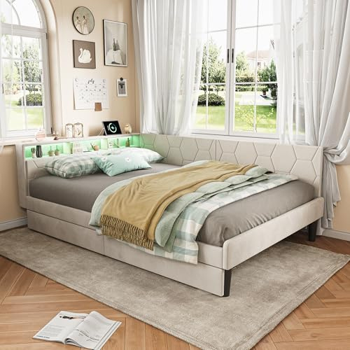 Doppelbett, 140 x 200 cm, mit 2 Schubladen und Stauraum, gepolstertes Bett in L-Form mit LED-Lampe und USB, austauschbare Seitenwände, modernes Schlafsofa, ohne Matratze (Beige C, 140 x 200 cm)