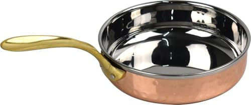 Catergold Traditional Copper & Stainless Steel Frying Pan with Brass Handle Hand-Hammered Dishwasher Safe for Cooking and Serving (Small Pan-13.5cm, 300ml Capacity)