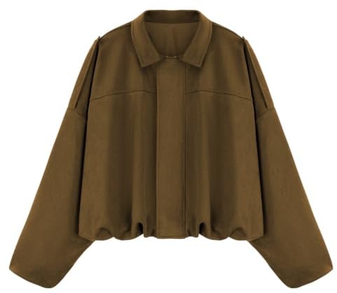 WERFORU Veste Blouson Aviateur Courte en Simili-Daim pour Femme,Veste Pilote Décontractée Coupe Oversize,Manches Longues Chauve-Souris,Zippé