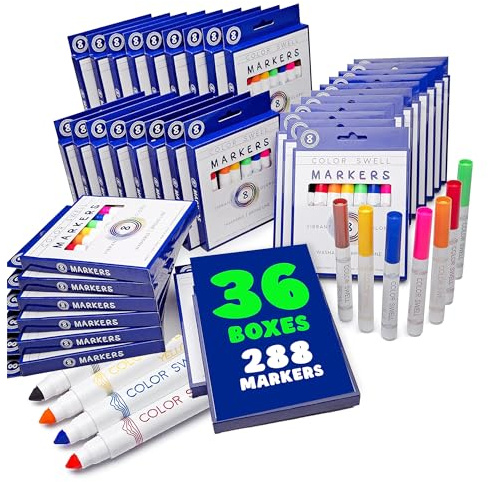 Color Swell Washable Bulk Markers 36 Packs 8 Count Vibrant Colors 288 Total Markers Bulk Perfect for Teachers, Kids and Classrooms | Vibrant Colors, 288 Total Markers, Perfect for Teachers, Perfect for Kids, Perfect for Classrooms