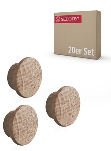 Gedotec Abdeckkappen Loch-Abdeckungen Holz für Blind-Bohrung Ø 10 mm | Massivholz Eiche naturbelassen | Gesamt Ø 15 mm | Kappen rund zum Eindrücken | 20 Stück - Endkappen für Möbel & Schrauben-Löcher