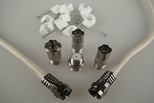 Universal Satellite and Aerial Extension Cable Kit With Cable Clips and Adaptors (15M, White)