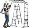 Telescopic Ladder Aluminum Extension Portable Collapsible 12.5Ft 3.8M(1.9M+1.9M) A Frame Ladder 12 Tread, DIY Folding Climb Step Ladder Multi-Purpose Compact Home Stair Work Ladder EN131