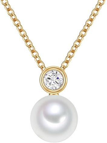 Valero Pearls Damen-Kette Sterling Silber 925 gelbvergoldet Süßwasser-Zuchtperlen Zirkonia weiß - Halskette Frauen Gelbgold-Farben Süßwasser-perle